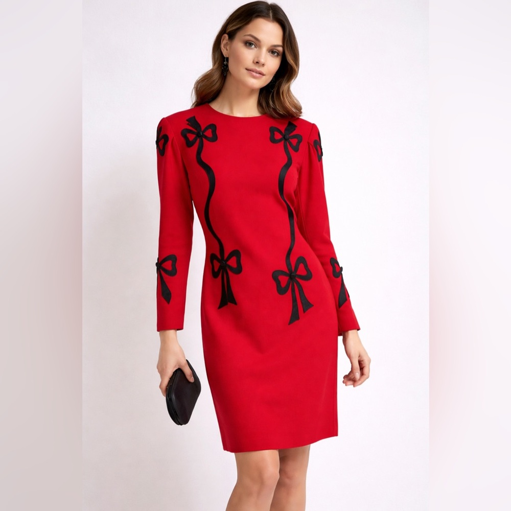 Vintage Pia Rucci Red Bow‎ Appliqué Dress | Size 6 | Statement 80s Designer